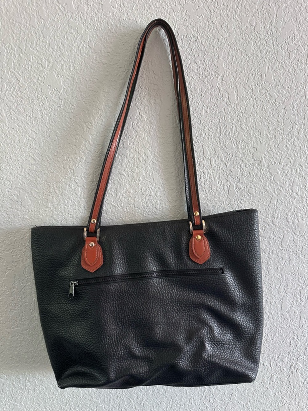 Dooney & Bourke Black Pebbled Leather Tote Bag Brown Trim Shoulder Bag - Picture 3 of 14